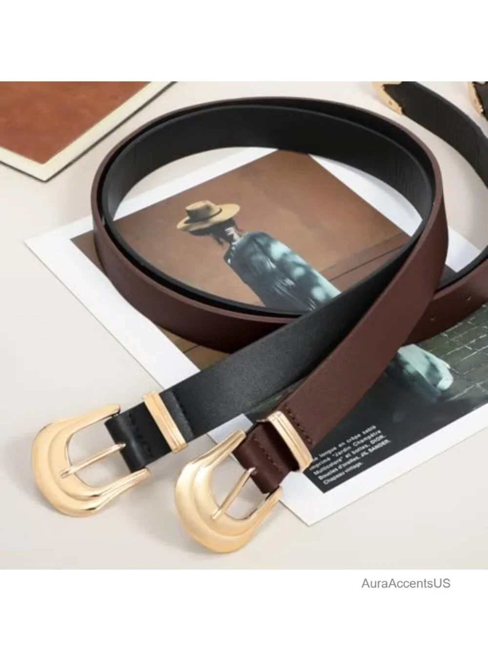 Women's Western Leather Belt Faux Leather Cowgirl Belt Gold Buckle Rodeo Belt